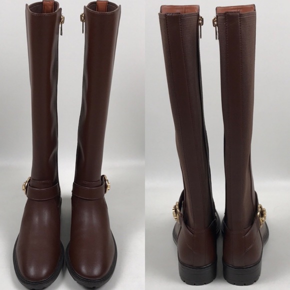COACH Farrah Brown Leather Tall Riding Boots Logo Buckle NEW NWOB - Picture 6 of 15